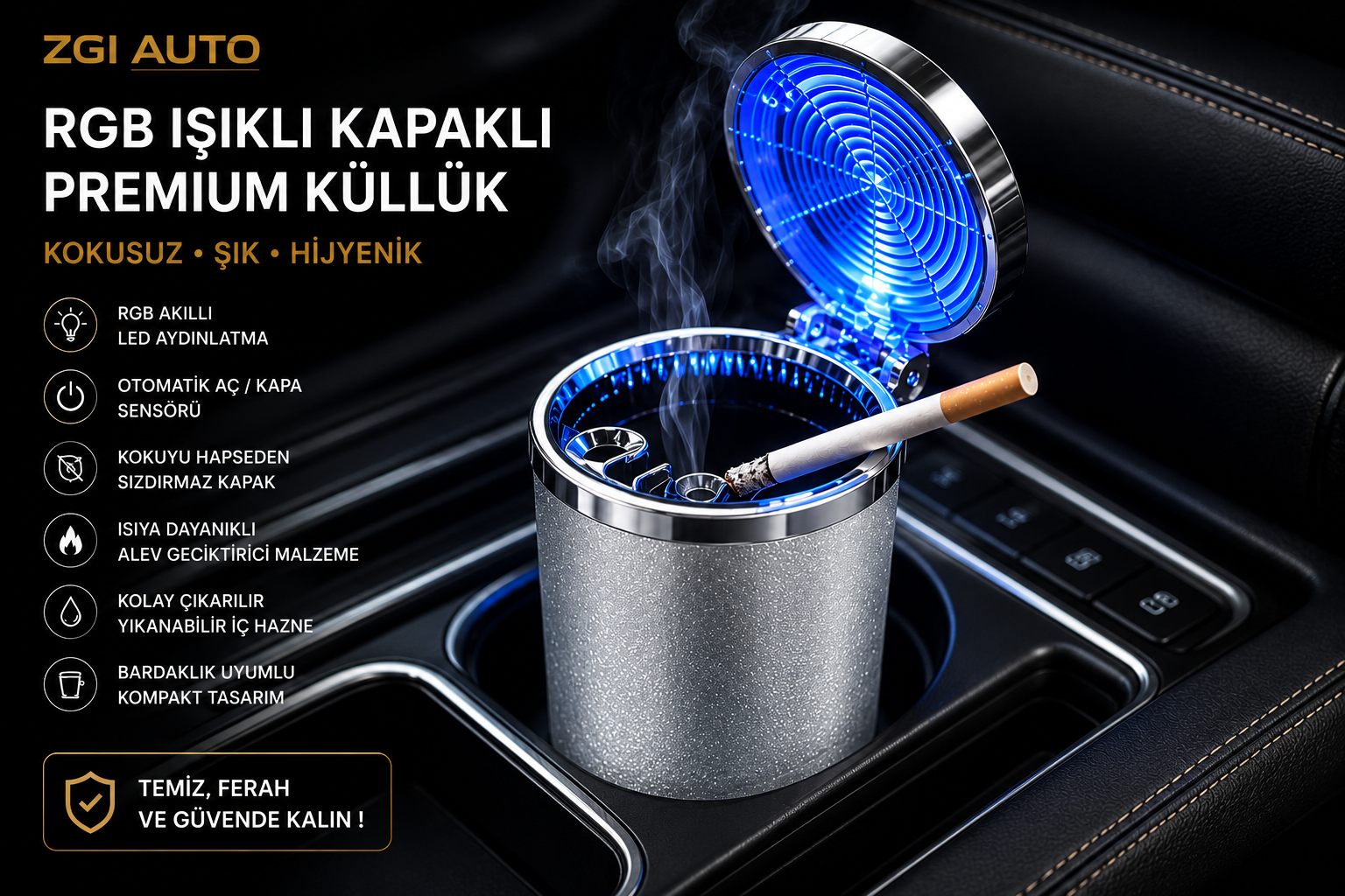 RGB Işıklı Kapaklı Araç Küllüğü