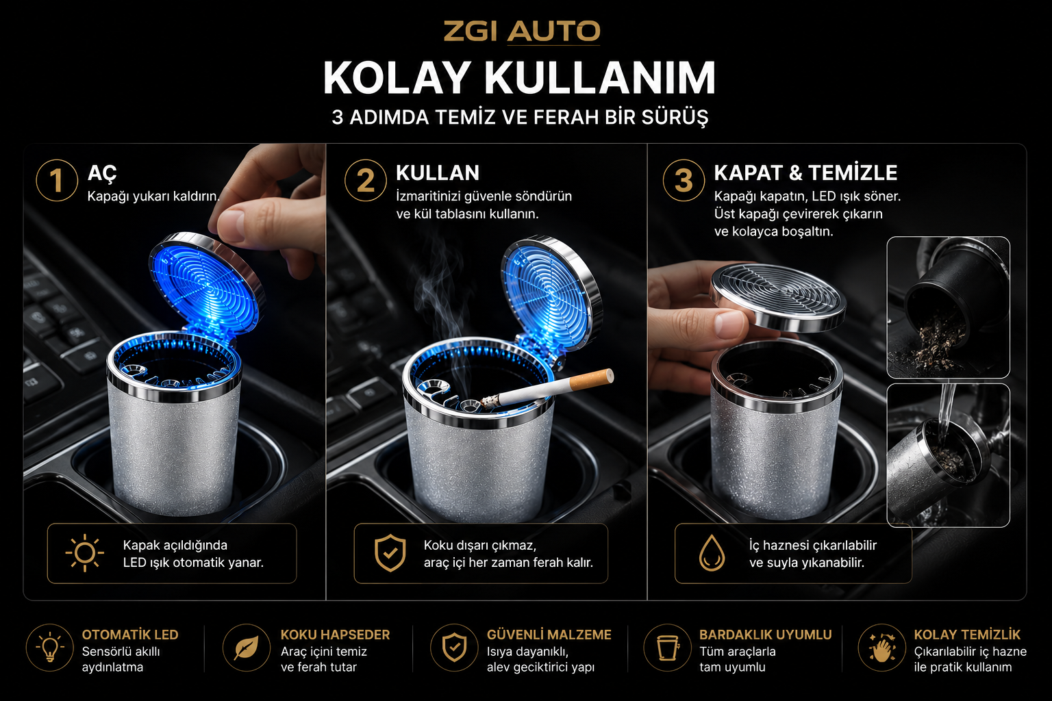 RGB Işıklı Kapaklı Araç Küllüğü - Görsel 3
