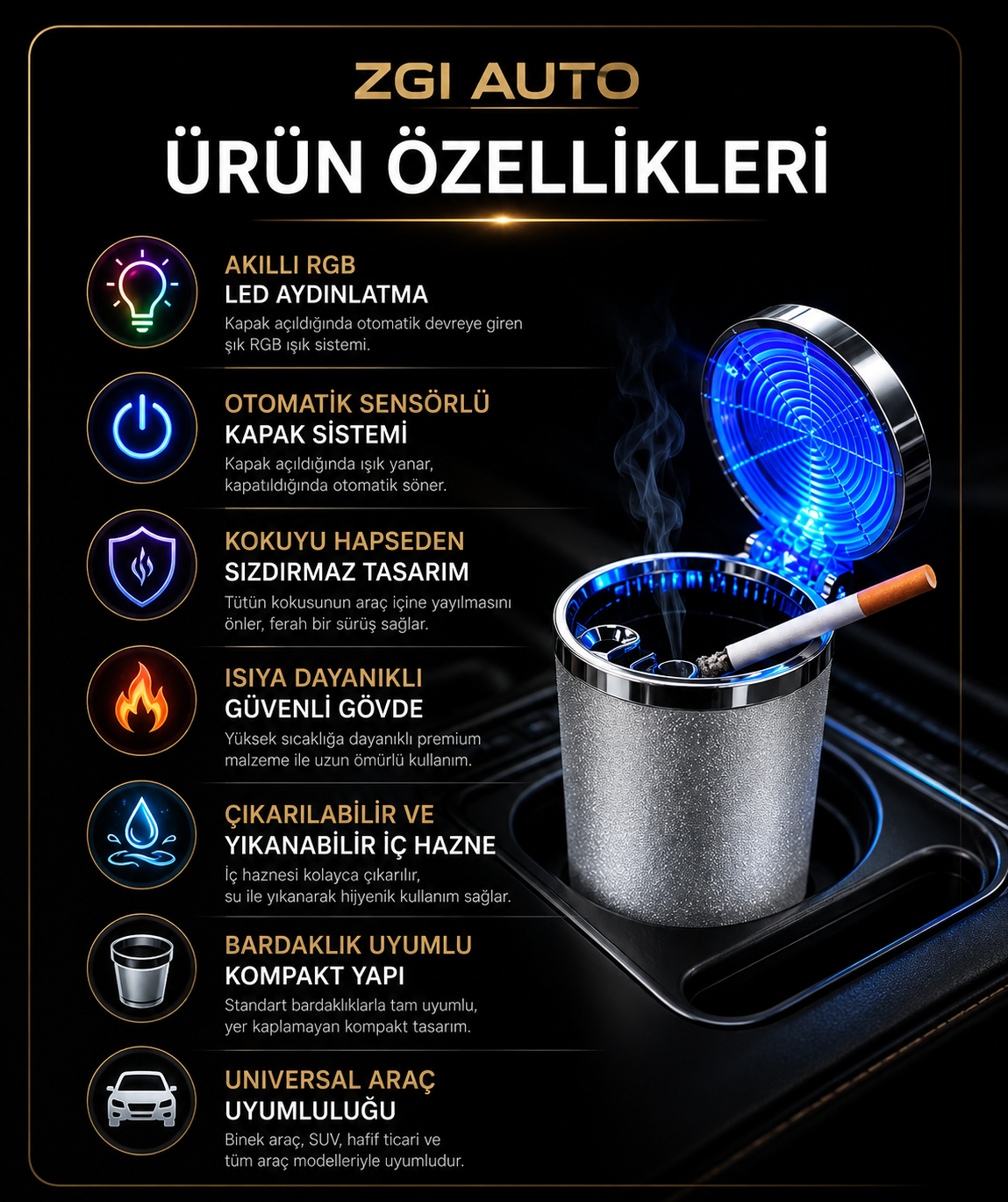 RGB Işıklı Kapaklı Araç Küllüğü - Görsel 4