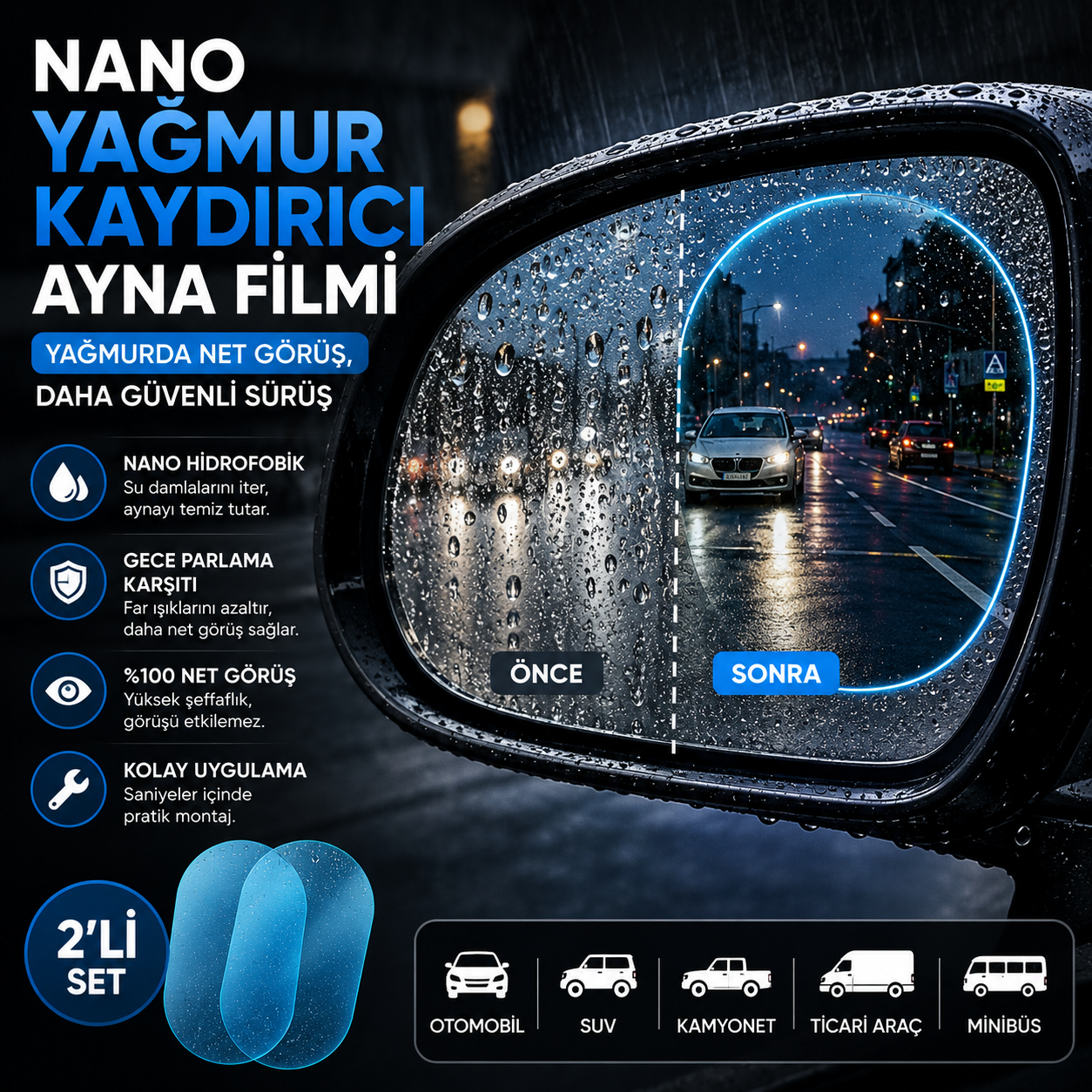 Nano Yağmur Kaydırıcı Yan Ayna Filmi (2'li Set)