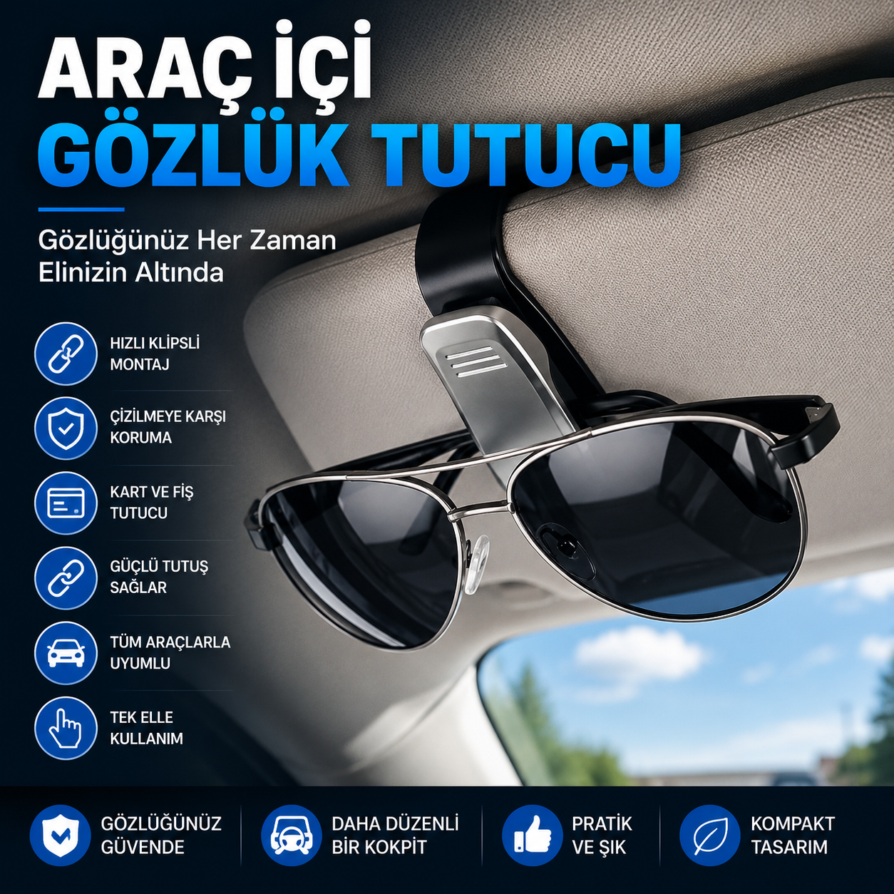 Araç İçi Güneşlik Klipsli Gözlük Tutucu